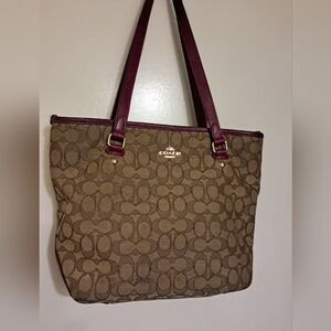 Coach Tan and Magenta Signature Tote